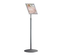 EUROPEL Porte-affiche sur pied avec cadre clipsable en aluminium, format A4, portrait ou paysage, pied téléscopique, socle Ø 360mm en acier, hauteur pied réglable de 100 à 140 cm, couleur argent