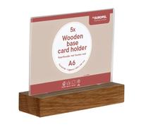 Europel Porte-cartes en acrylique avec socle en chêne A6 Horizontal Lot de 5, Présentoir de table double face, Support transparent pour étiquettes de prix, menus, informations et affiches