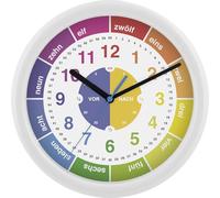 Eurotime 80014-00 Horloge murale à quartz pour enfant avec trotteuse silencieuse, boîtier en plastique blanc, cadran à motif, cadran d'apprentissage complet, 25 cm de diamètre