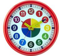 Eurotime 80015-01 Montre murale à quartz pour enfant avec trotteuse silencieuse, cadran à motif, cadran d'apprentissage complet, boîtier en plastique rouge et couvercle en plastique