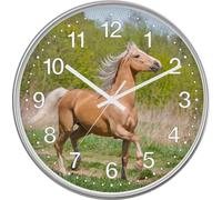 Eurotime 82705-07 Horloge murale à quartz, 30 cm, boîtier en plastique argenté, couvercle en verre véritable, cadran clair à 12 chiffres avec motif cheval, mouvement silencieux, sans tic-tac, horloge