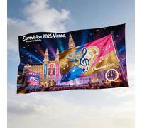 Eurovision Drapeau 2026 90 x 150 cm - Grande bannière ESC de Vienne 70 ans - Décoration intérieure et extérieure pour fête Eurovision de la chanson en Autriche - Design cœur caméléon coloré avec
