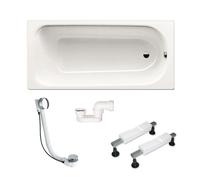 Eurowa 170x70x39 cm baignoire rectangulaire 178 L en acier émaillé + pieds + vidage + siphon, blanc alpin (KW312-SETP6)