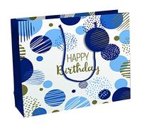 Eurowrap - 32487-6C - Un sac cadeau anniversaire - Grand format 37,3x11,8x27,5cm - Happy Birthday, bleu - Qualité supérieure, résistant : 210g - idéal pour puzzles, jeux, coffrets cadeaux