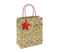 Eurowrap 33958-3C - Un lot de 6 Sacs Cadeaux Excellia- Format Moyen - 21,5x10,2x25,3cm - 210g - Motif : Etoiles multicolores sur fond kraft - Idéal pour : Livre, Jeu, Petits cadeaux