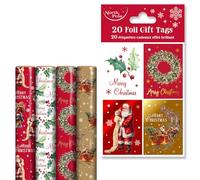 Eurowrap Lot de 4 rouleaux de papier cadeau traditionnel de Noël de 4 m et 20 étiquettes cadeaux en aluminium - 4 motifs et 4 motifs d'étiquettes - Père Noël, couronne, traîneau et houx