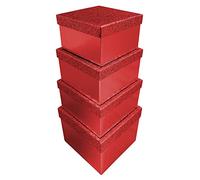 Eurowrap X-31046-BXC - Un Lot De 4 Boites Carrées Paillettées Rouge Empilables - Dimensions : 16x16x9,6cm + 18x18x10,8cm + 20x20x12cm + 22x22x13,2cm - Couleur : Rouge - Boite D'Emballage Cadeau