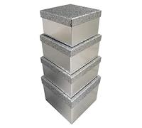 Eurowrap X-31049-BXC - Un Lot De 4 Boites Carrées Paillettées Argent Empilables - Dimensions : 16x16x9,6cm + 18x18x10,8cm + 20x20x12cm + 22x22x13,2cm - Couleur : Argent - Boite Emballage Cadeau