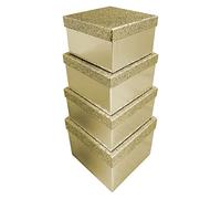 Eurowrap X-31052-BXC - Un Lot De 4 Boites Carrées Paillettées Or Empilables - Dimensions : 16x16x9,6cm + 18x18x10,8cm + 20x20x12cm + 22x22x13,2cm - Couleur : Or- Boite D'Emballage Cadeau