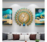EURSON Luxury Large Peacock Wall Clock 23.7 inch Non-Ticking Silent Crystal Creative Personality Modern Art Decorative Wall Clocks for Living Room Decor (Blue&Green-S)