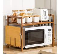 Eushine Micro-Ondes Rack, 2 Couches Support de Four à Micro-Ondes en bambou, Ajustable Etagere Rangement Cuisine avec 4 Crochets Et Support de Planche à Découper-55cmx42cmx35cm