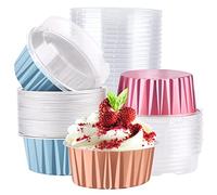 EUSOAR Lot de 30 moules de cuisson en feuille d'aluminium, 141,7 g, bleu, rouge, or rose avec couvercles, ramequins à tarte, desserts, flancs, gâteaux pâtissiers, pudding à la crème pâtissière,