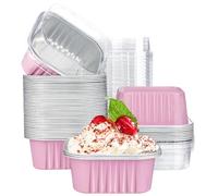 EUSOAR Lot de 50 mini moules à cupcakes en aluminium rose de 283,5 g avec couvercles, moules à pain jetables pour la pâtisserie, moules à crème brûlée, récipients à dessert pour tarte, soufflé, support de gâteau pour service de fête