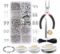 EuTengHao Kit de fabrication de bijoux avec pinces, fils, anneaux ouverts, fermoirs, cordon et plus pour bijoux - Argenté