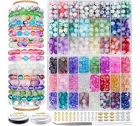 EuTengHao Kit de fournitures de bijoux en perles de cristal de verre, 48 couleurs, 10 mm, perles rondes en verre et cristal avec cordon élastique, espaceurs, fabrication de bracelets et colliers