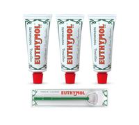 Euthymol Dentifrice Original 75 ml x 6 + Gratte-Langue, Sans Fluor, Anti-Plaque, Antibactérien, Protection contre les Caries, Dents et Gencives Propres et Saines, Fraîcheur Mentholée, Soin Dentaire Qu