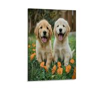 EUUMKOO Impression sur toile représentant un chien assis, animal moderne et floral, herbe - Affiche d'œuvre d'art pour décoration murale d'intérieur, salon, chambre à coucher - 50 x 75 cm