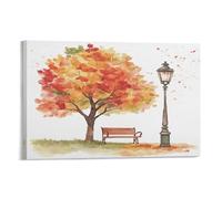 EUUMKOO Toile murale moderne à l'aquarelle de parc arbre, vieille lampe banc, feuilles, affiche d'œuvre d'art pour décoration murale d'intérieur, salon, chambre à coucher - 20 x 30 cm