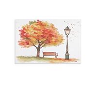EUUMKOO Toile murale moderne à l'aquarelle de parc arbre, vieille lampe banc, feuilles, affiche d'œuvre d'art pour décoration murale d'intérieur, salon, chambre à coucher - 50 x 75 cm
