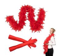 EUYKQNOI 1 PCS Écharpe en plumes rouge avec 1 paire de gants rouge en élasthanne de 53 cm, deguisement bresil femme，adaptée aux costumes d'Halloween,Carnaval,aux fêtes, aux femmes et aux filles