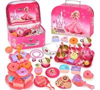 EUZLABBY 52PCS Service à Thé pour Enfants,Ensemble de Théière en Etain,Jouet de Cuisine Princesse,pour Lheure du thé avec Tasses,Assiettes et Accessoires pour Cadeaux d'anniversaire Filles 3-8Ans.