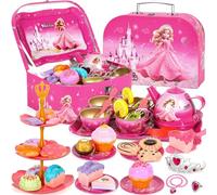 EUZLABBY 52PCS Service à Thé pour Enfants,Ensemble de Théière en Etain,Jouet de Cuisine Princesse,pour Lheure du thé avec Tasses,Assiettes et Accessoires pour Cadeaux d'anniversaire Filles 3-8Ans.