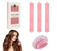 EUZUXU 3 Pièces Cheveux Long avec Crochet + 1 Pièces Bonnet Satin Cheveux Nuit, Boucle sans Chaleur, Bricolage Outils de Coiffure, pour Tous les Types de Cheveux-Rose