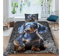 EUZZDHESP 3D, Imprimé Chien Teckel Parure De Lit Microfibre Super Douce Et Respirante Sets De Housses De Couettes 3 Pièces Et Taie d'oreiller Single（135x200cm）
