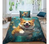 EUZZDHESP 3D, Imprimé Le Chien Corgi Ensemble De Literie avec Microfibre Super Douce Et Respirante Set De Housse De Couette 3 Pièces Et Taie d'oreiller Single（135x200cm）