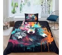 EUZZDHESP 3D, Imprimé Le Loup Ensemble De Literie Microfibre Super Douce Et Respirante Housses De Couettes 3 Pièces Et Taie d'oreiller Single（135x200cm）