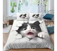 EUZZDHESP Imprimé 3D Cute Le Chat Parure De Lit Microfibre Super Douce Et Respirante Sets De Housses De Couettes 3 Pièces Et Taie d'oreiller King（220x240cm）