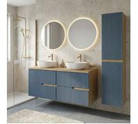 EVA meuble double vasque à poser L. 120 cm Chêne naturel 4 tiroirs Bleu Mer cannelé Modèle - largeur 120 cm + 1 colonne