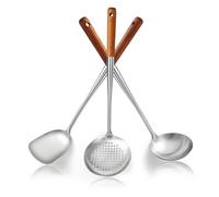 Evanda Ensemble de spatules pour wok 43 cm, poignée en bois résistant à la chaleur, outils de wok en acier inoxydable, spatule en métal, louche, écumoire de cuisine, ensemble d'ustensiles de cuisine