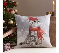 Evans Lichfield Coussin Garni de Chat enneigé avec écharpe et Plumes aquarelles