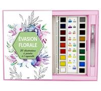 Coffret Aquarelle - Évasion florale - 30 illustrations à peindre: Un carnet avec des feuilles détachables, une palette de 18 couleurs et un pinceau réservoir