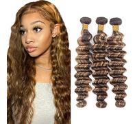 Evaxilc Deep Wave Bundles Extension Cheveux Humains No Tangle No Shedding Cheveux Humains Extension Tissage Bresilien 100% Unprocessed P427 Highlight Brown Color 3 Bundles Total 300g 30 32 34 Inch