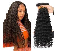 Evaxilc Deep Wave Bundles Extension Cheveux Humains No Tangle No Shedding Cheveux Humains Extension Tissage Bresilien 100% Unprocessed #1B Natural Black Color 3 Bundles Total 300g 24 26 28 Inch