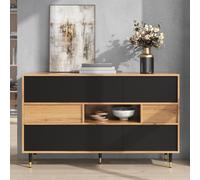 Evedy Buffet Bicolore Bois et Noir 140 cm, Meuble de Rangement Multifonction avec 2 tiroirs, Compartiment Central Ouvert, Portes battantes et latérales, charnières amorties, Pieds métal doré, MDF
