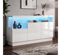 Evedy Buffet Blanc laqué 140 cm, 3 Portes, Compartiment vitrine Acrylique avec éclairage LED connecté par Application, Meuble de Rangement Design pour Salon, entrée, Salle à Manger