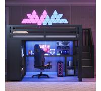 Evedy Lit Mezzanine Gaming 140x200 cm métal Noir, Bureau LED RGB connecté Bluetooth, Port USB, Armoire Ouverte, escalier Rangement, barrière sécurité, Gain de Place Chambre ado, Matelas Non Inclus