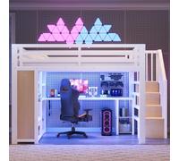 Evedy Lit Mezzanine Gaming 140x200 cm métal Noir, Bureau LED RGB connecté Bluetooth, Port USB, Armoire Ouverte, escalier Rangement, barrière sécurité, Gain de Place Chambre ado, Matelas Non Inclus