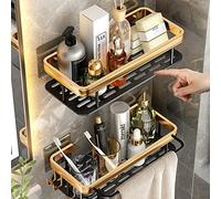EVELFR Lot de 2 Etagere Douche sans Percage, Panier Salle de Bain en Aluminium mit Crochets, Étagère Murale Noire de Rangement, Support de douche,Paniers Rangement pour Douche Cuisine.