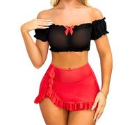 EVELIFE Lingerie Femme Sexy Ensembles de Lingerie Nuisette Lingerie Dentelle Hors épaule Crop Top Plissé Mini Jupe Romantique Femmes Lingerie Ensembles de Lingerie, Noir et rouge., S