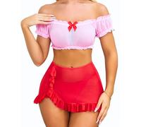 EVELIFE Lingerie Femme Sexy Ensembles de sous-vêtements Nuisette Lingerie Sous-vêtements Dentelle Hors épaule Crop Top Plissé Mini Jupe Romantique Femmes Lingerie Ensembles de Lingerie, rouge, M