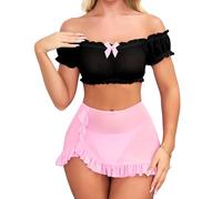 EVELIFE Lingerie Femme Sexy Ensembles de sous-vêtements Nuisette Lingerie Sous-vêtements Dentelle Hors épaule Crop Top Plissé Mini Jupe Romantique Femmes Lingerie Ensembles de Lingerie, Noir , S