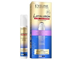 Eveline Cosmetics Système Biohyaluron 3xRétinol - Gel Roll-On Anti-Âge Contour des Yeux et Paupières avec Acide Hyaluronique, Caféine et Rétinol