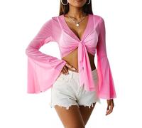 EVELUST Rave Bell Haut Court en Maille pour Femme Chemise Manches Longues noue sur Le Devant Ourlet Volants Chemisier col en V Profond, Rose, Taille L