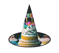 Evengigy Chapeau de sorcière amusant avec imprimé gâteaux d'anniversaire - Chapeau de sorcière pliable - Décoration Cosplay personnalisée - 1 pièce