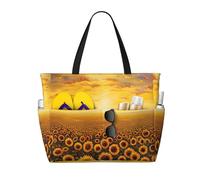 Evengigy Sac de plage imperméable pour femme avec motif de tournesol, coucher de soleil, mer de fleurs