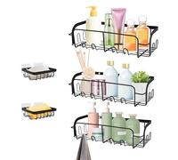 Evenpop 5PCS Etagere Salle de Bain sans Percage avec Porte Savon, Etagere Douche Inoxydable et 20 Crochets pour Cuisine - Noir